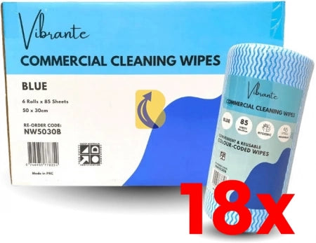 18 X Carton/6 rolls Vibrante Commercial Cleaning Wipes - 85 Sheets/Roll - Blue - 50 x 30cm