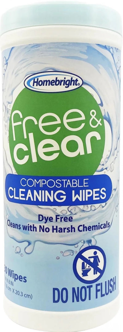 Homebright Free & Clear Compostable Cleaning Wipes 30 Sheets (Dye Free / No Harsh Chemicals)