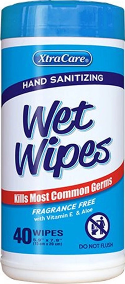 40/Pack XtraCare Canister Hand Sanitizing Wet Wipes Fragrance Free with Vitamin E &amp; Aloe