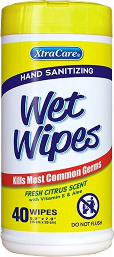 40/Pack Xtracare Canister Hand Sanitizing Wet Wipes Fresh Citrus Scent with Vitamin E & Aloe