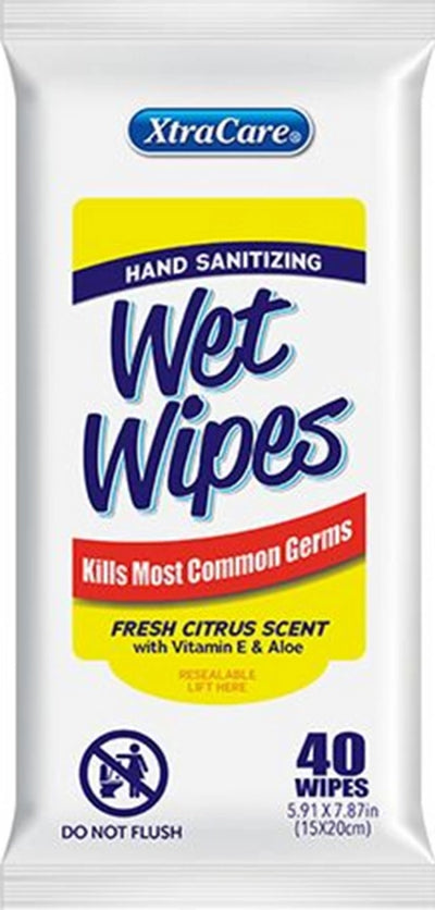 40/Pack Xtracare Flat Pack Hand Sanitizing Wet Wipes Fresh Citrus Scent