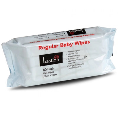 80/Pack Bastion Regular Baby Wipes Non-Alcohol 40gsm 20cm x 18cm Sheets
