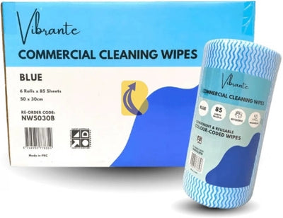 Carton/6 rolls  Vibrante Commercial Cleaning Wipes - 85 Sheets/Roll - Blue - 50 x 30cm