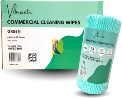 6/Rolls Vibrante Commercial Cleaning Wipes 50 x 30cm - 85 Sheets Per Roll - Green