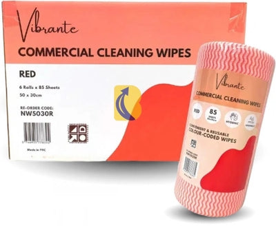 6 Rolls Vibrante Commercial Cleaning Wipes 50 x 30cm - 85 Sheets Per Roll - Red