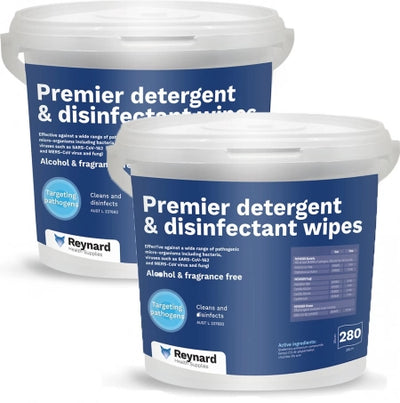 2/Carton Reynard Health Premier Detergent and Disinfectant Wipes 30gsm -  280 Wipes/Tub