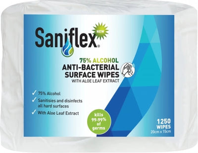 Saniflex 75% Alcohol Antibacterial Surface Wipes Bag of 1250