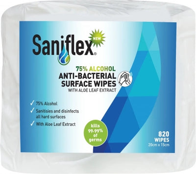 Saniflex 75% Alcohol Antibacterial Surface Wipes Bag of 820