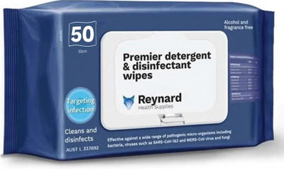 12/Carton Reynard Health Premier Detergent and Disinfectant Wipes Soft Pack 45gsm - 50 Wipes/Pack
