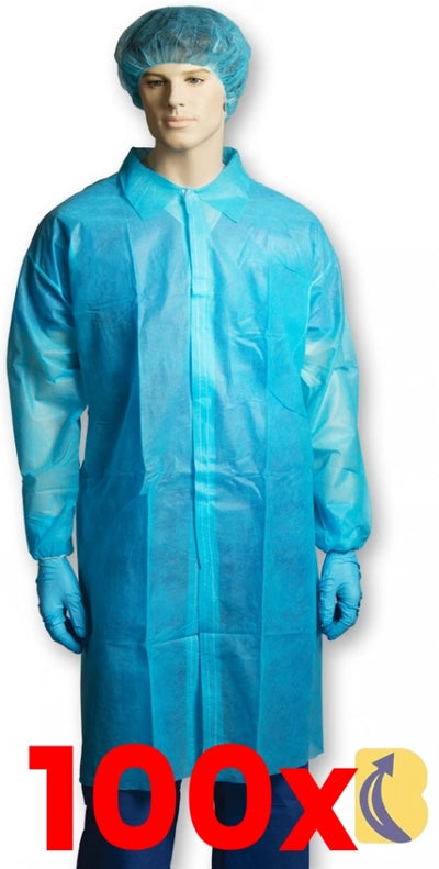 100 X Bastion Labcoat No Pocket Polypropylene Blue - Medium