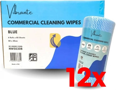 12 X Carton/6 rolls  Vibrante Commercial Cleaning Wipes - 85 Sheets/Roll - Blue - 50 x 30cm