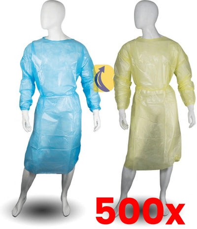 500 X PP/PE Clinical Isolation Gowns Level 4 Medical Knitted Cuff &amp; Velcro Back - UNI (S, M, L)