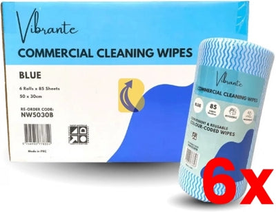 6 X Carton/6 rolls  Vibrante Commercial Cleaning Wipes - 85 Sheets/Roll - Blue - 50 x 30cm